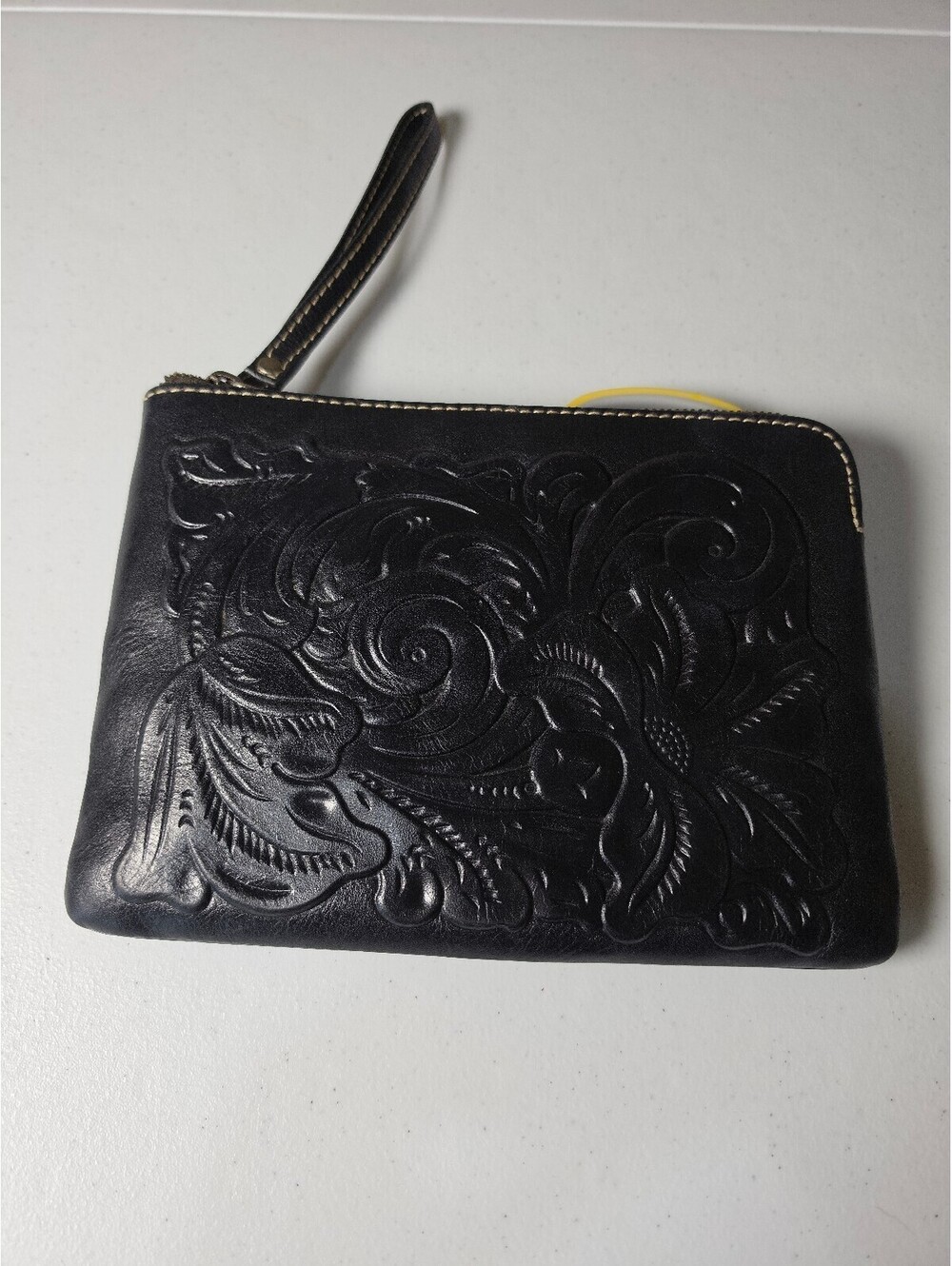Patricia Nash Black Leather Wristlet Clutch with Embossed Floral Design